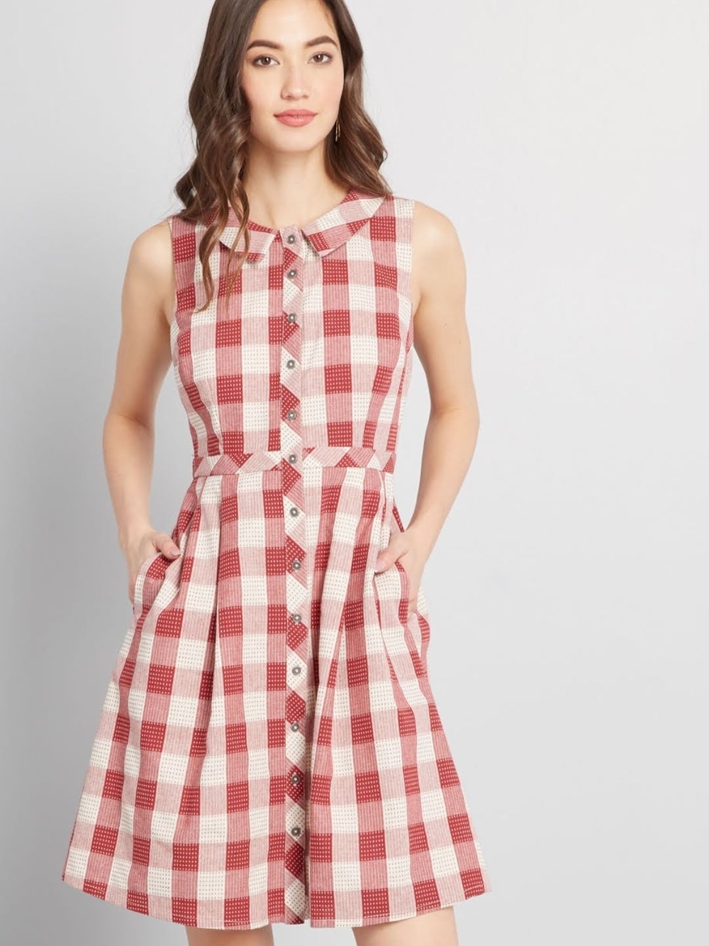 Modcloth Sleeveless Red & Cream Check Button-Front Dress Size 14